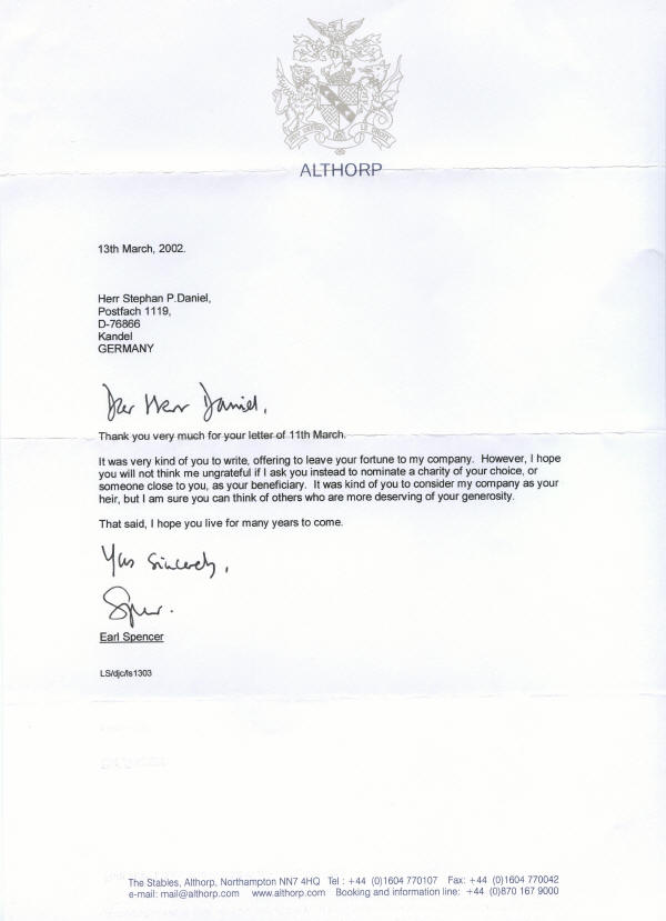 Autograph 520201 Typed letter signed by Charles Spencer, brother of